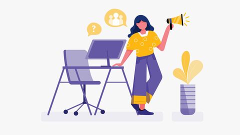 Illustration: Junge Person steht mit einem Megafon lässig angelehnt vor einem Schreibtisch