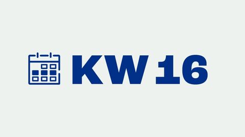 Vor einem grauen Hintergrund stehen in blau geschrieben die Worte: KW 16