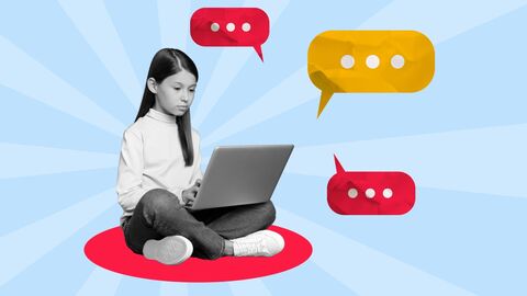 Digitale Collage: vor einem hellblauen Strahlen-Hintergrund sitzt ein Mädchen mit Laptop in Schwarzweiß. Um es herum schweben orange und rote Sprechblasen-Illustrationen