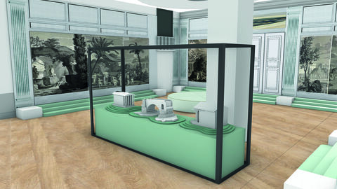 Computergeneriertes Visual eines Ausstellungsraum, in der Mitte eine Vitrine