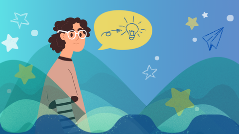 Illustration von einem jungen Mensch. In einer Sprechblase ist ein Pfeil, der auf eine Glühlampe zeigt
