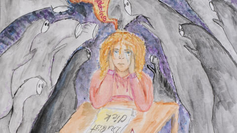 Agatha Rohlenko (12 Jahre), Pfungstadt, Kategorie Gewinner*innen 9 bis 12 Jahre: Ein weinendes Mädchen sitzt an einem Tisch, vor ihr liegt ein Zettel mit dem Text "Du bist dick", um sie herum drängen sich schwarze Gestalten mit weißen Gesichtern, darüber steht "Stop Mobbing"