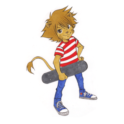 Löwen-Illustration: Leo hat ein Skateboard unterm Arm und grinst